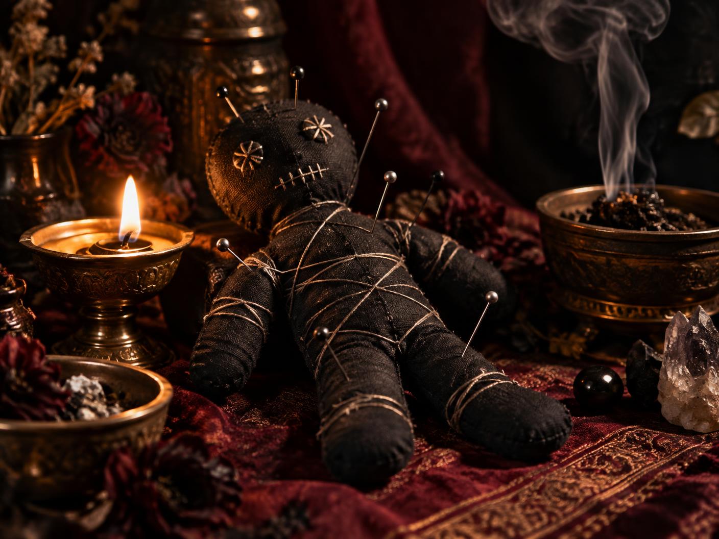 Black ritual doll with silver pins beside incense and a traditional lamp